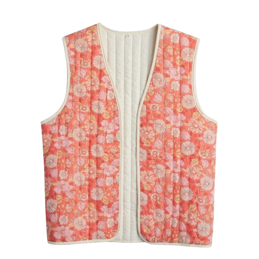 Quilted Floral Cream Reversible Spring Vest Women's Medium